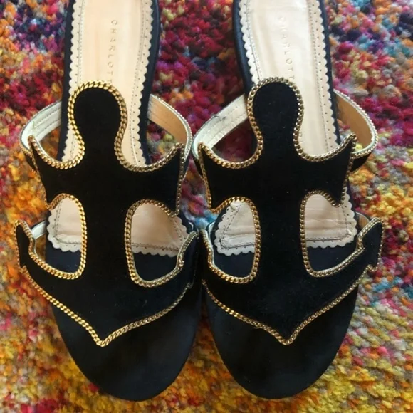 Charlotte Olympia rare anchor cutout suede embroidered whimsical flat sandals - Picture 4 of 7